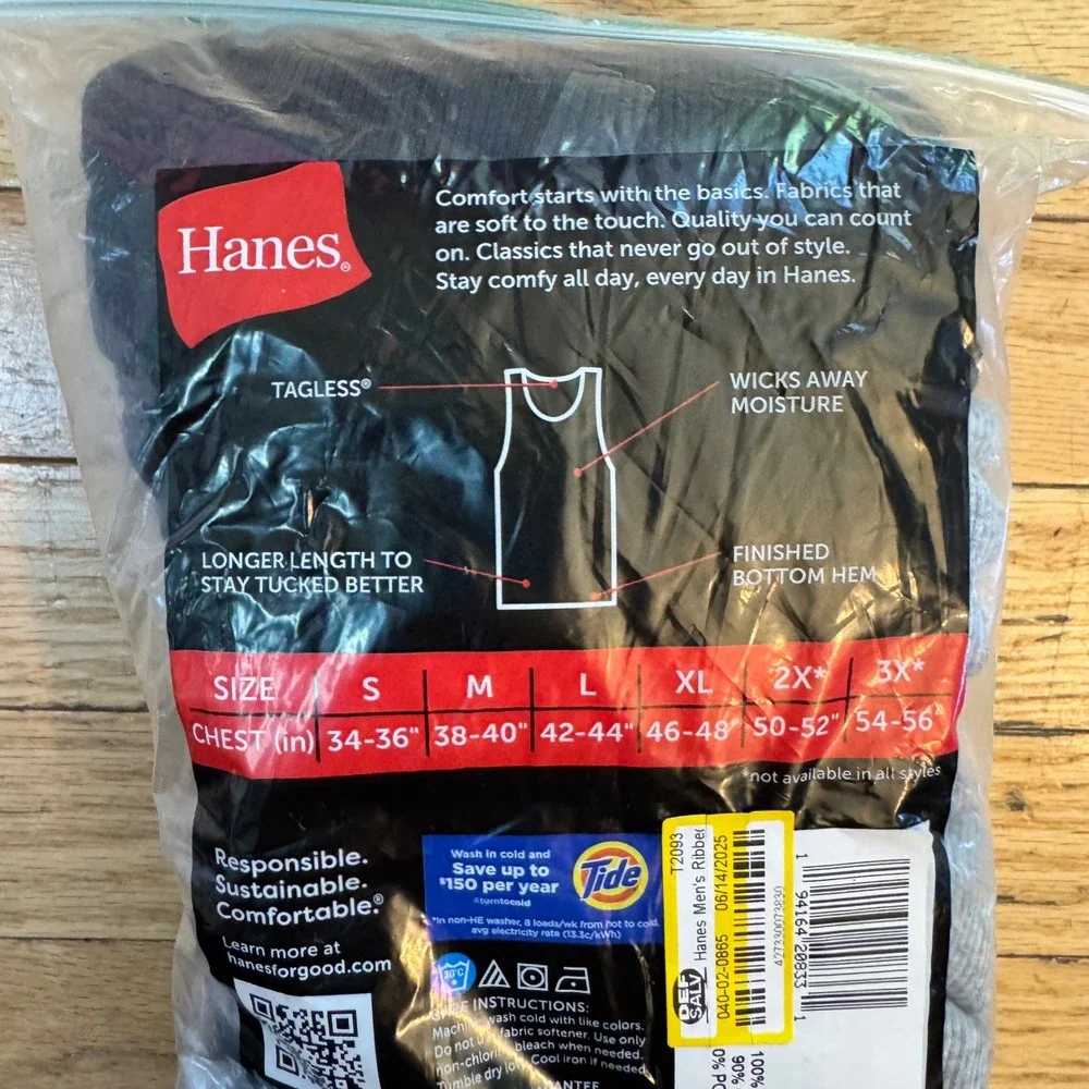 Hanes Mens Tagless Ribbed Tank Top 5 Pack Black Grey Heather Size M